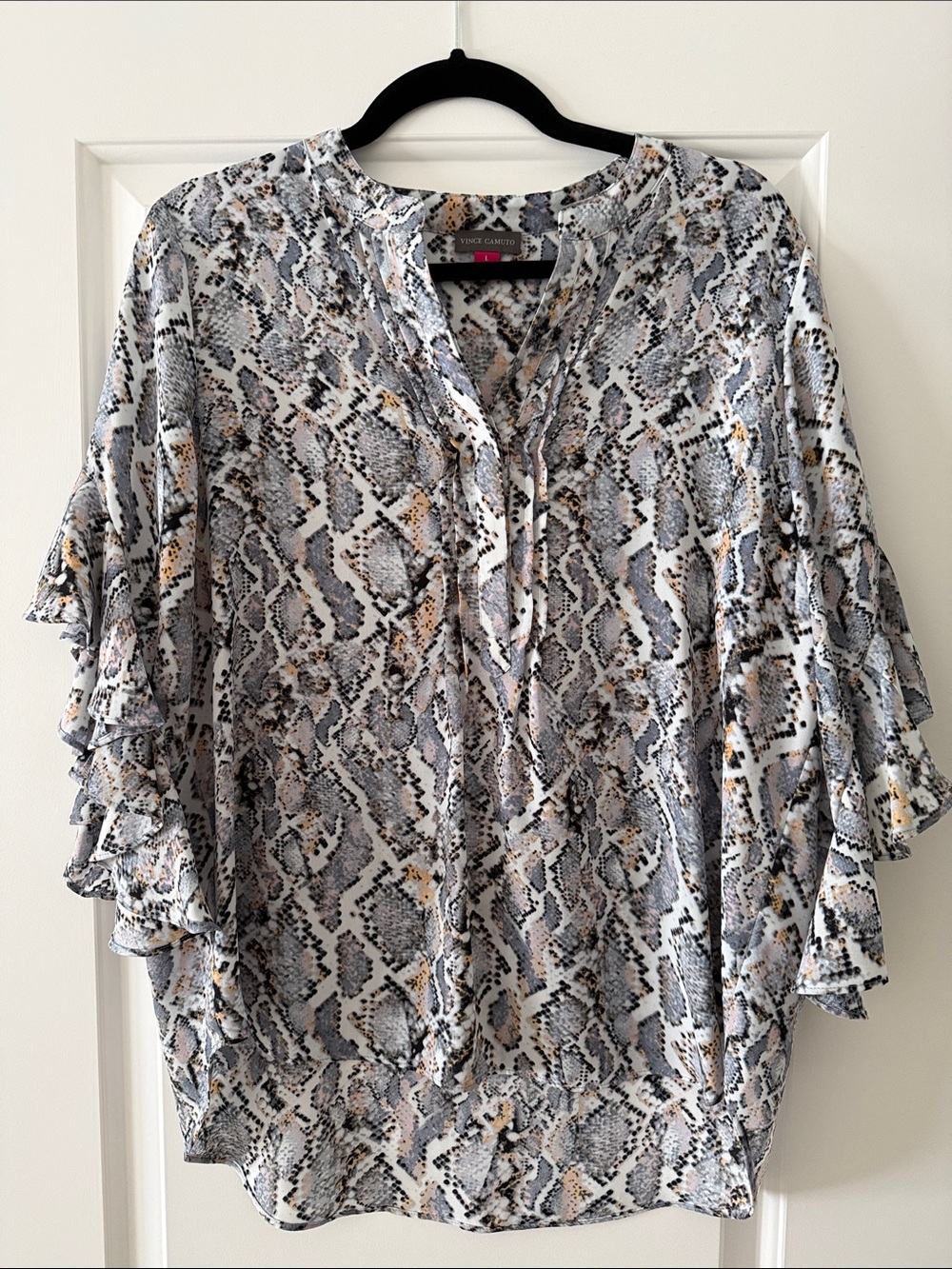 Vince Camuto Snake-Print Ruffle Sleeve Blouse in Gray and Cream